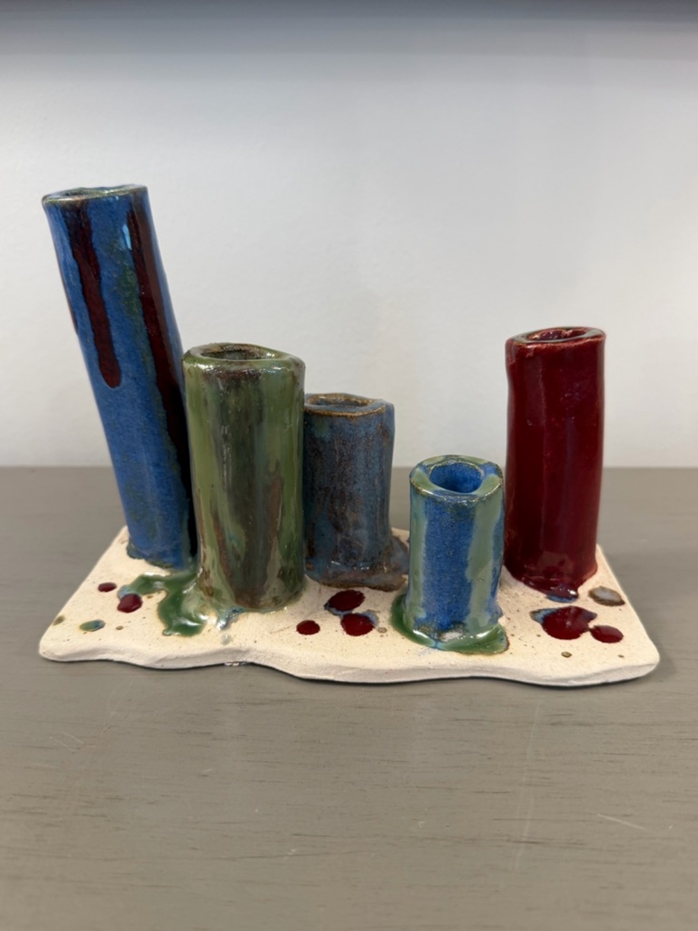 Artist Studio Pottery Multi Bud Vase Hand Crafted Ceramic Multi Color Modern Art